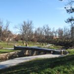 Looking west toward Fassnight Park's Ozarks rock pool house